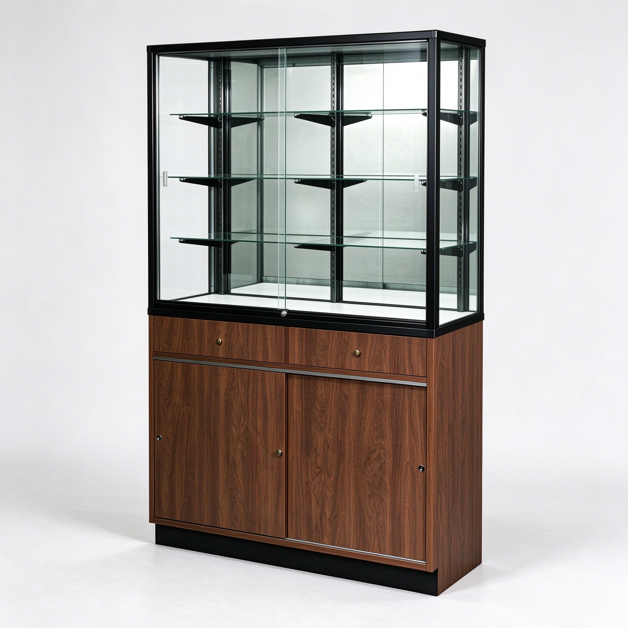 Walnut wood glass display cabinet left 45 degree view