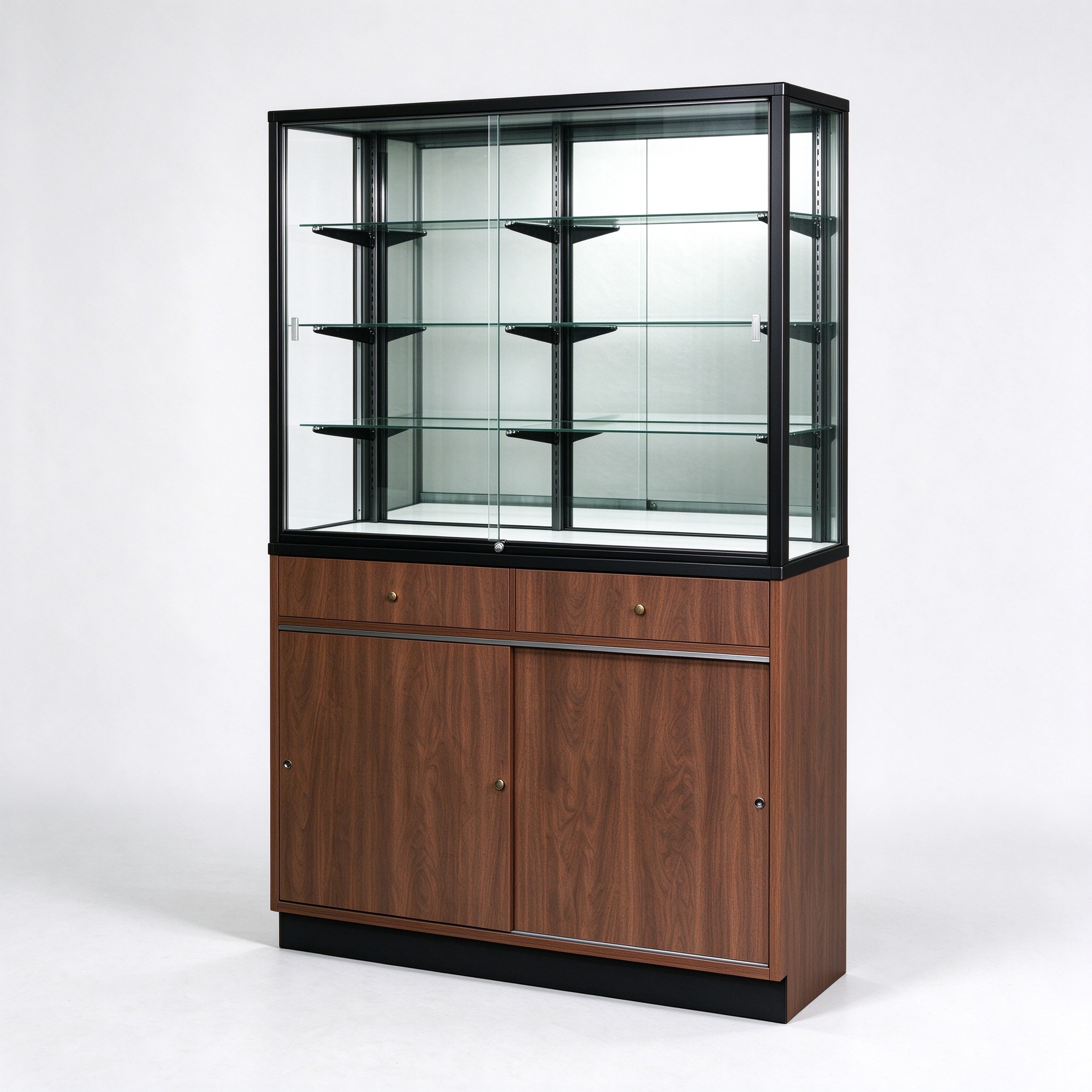 Walnut wood glass display cabinet right 45 degree view