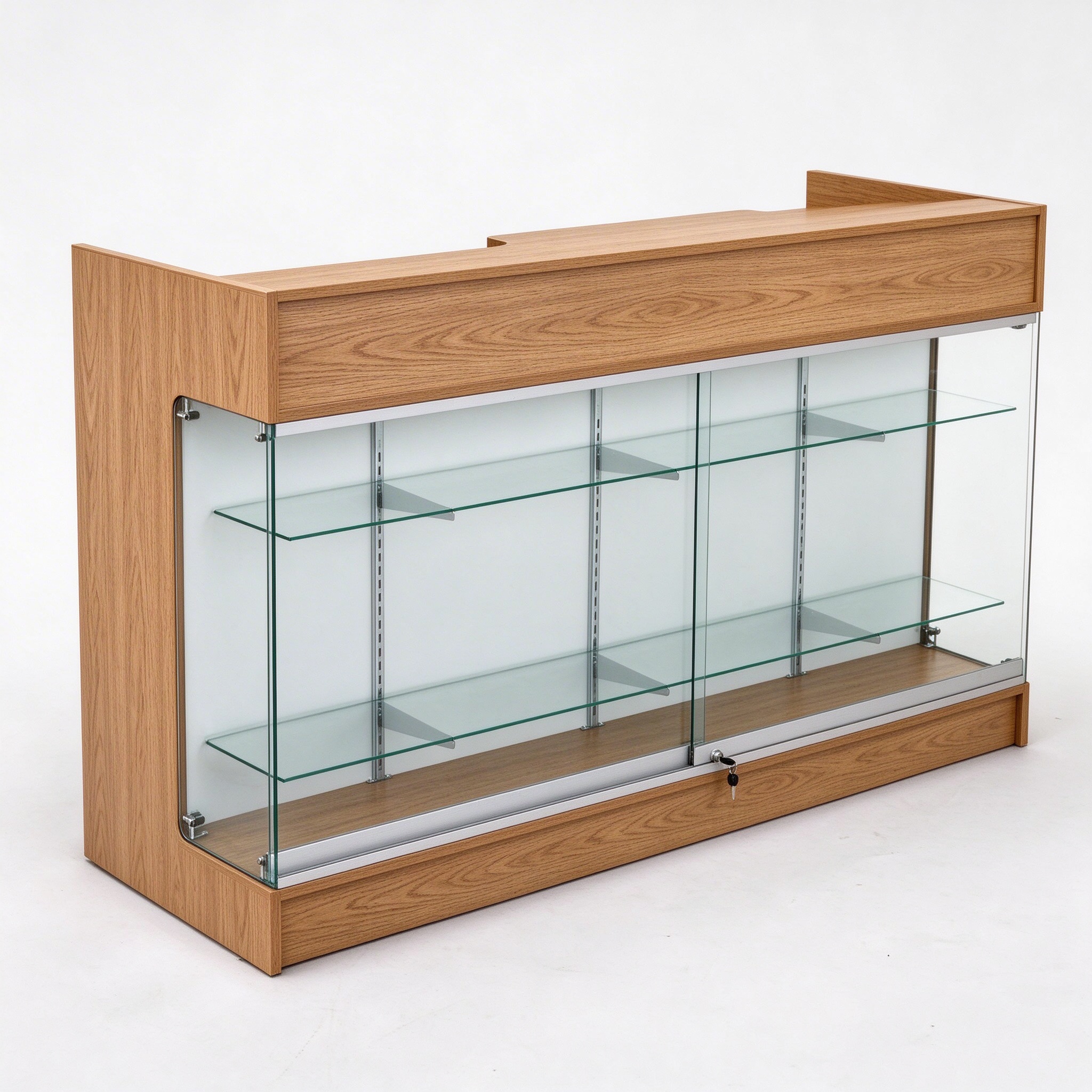 Oak wood laminate cash wrap counter showcase left 45 degree view