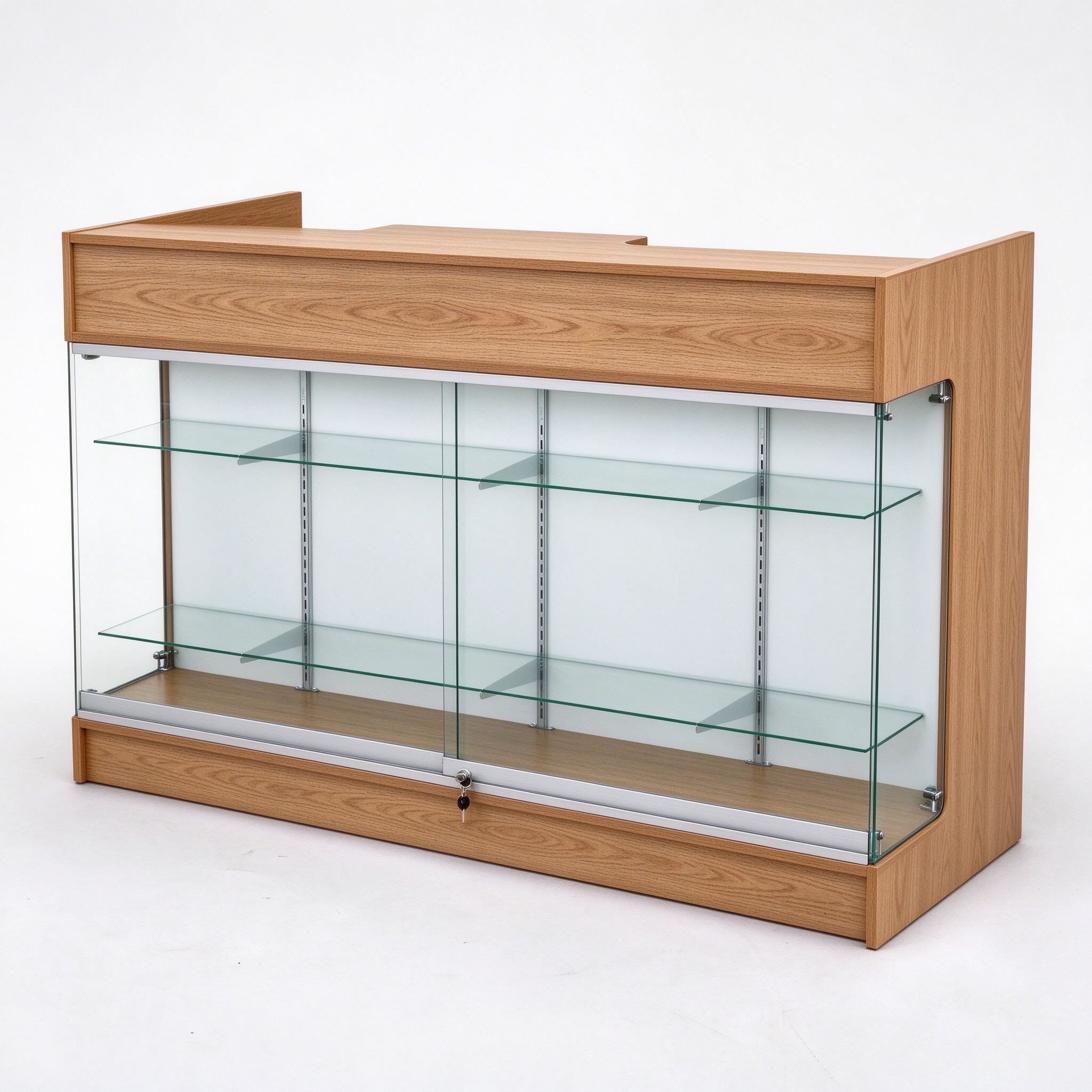 Oak wood laminate cash wrap counter showcase right 45 degree view