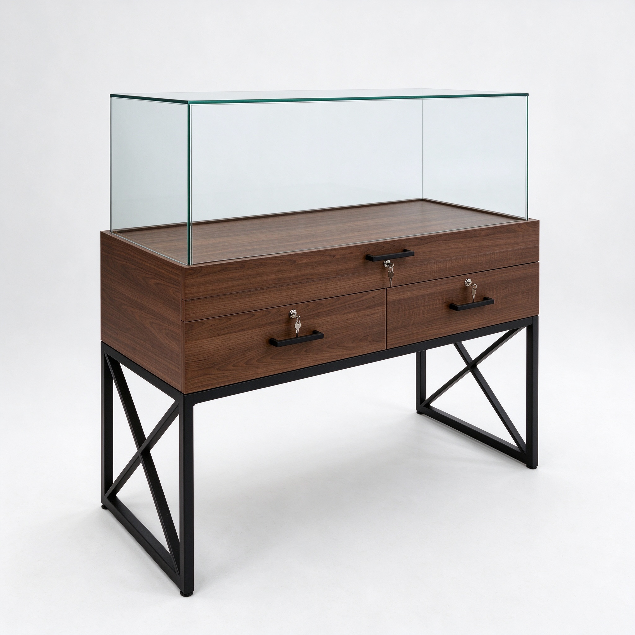 Walnut wood glass display counter left 45 degree view