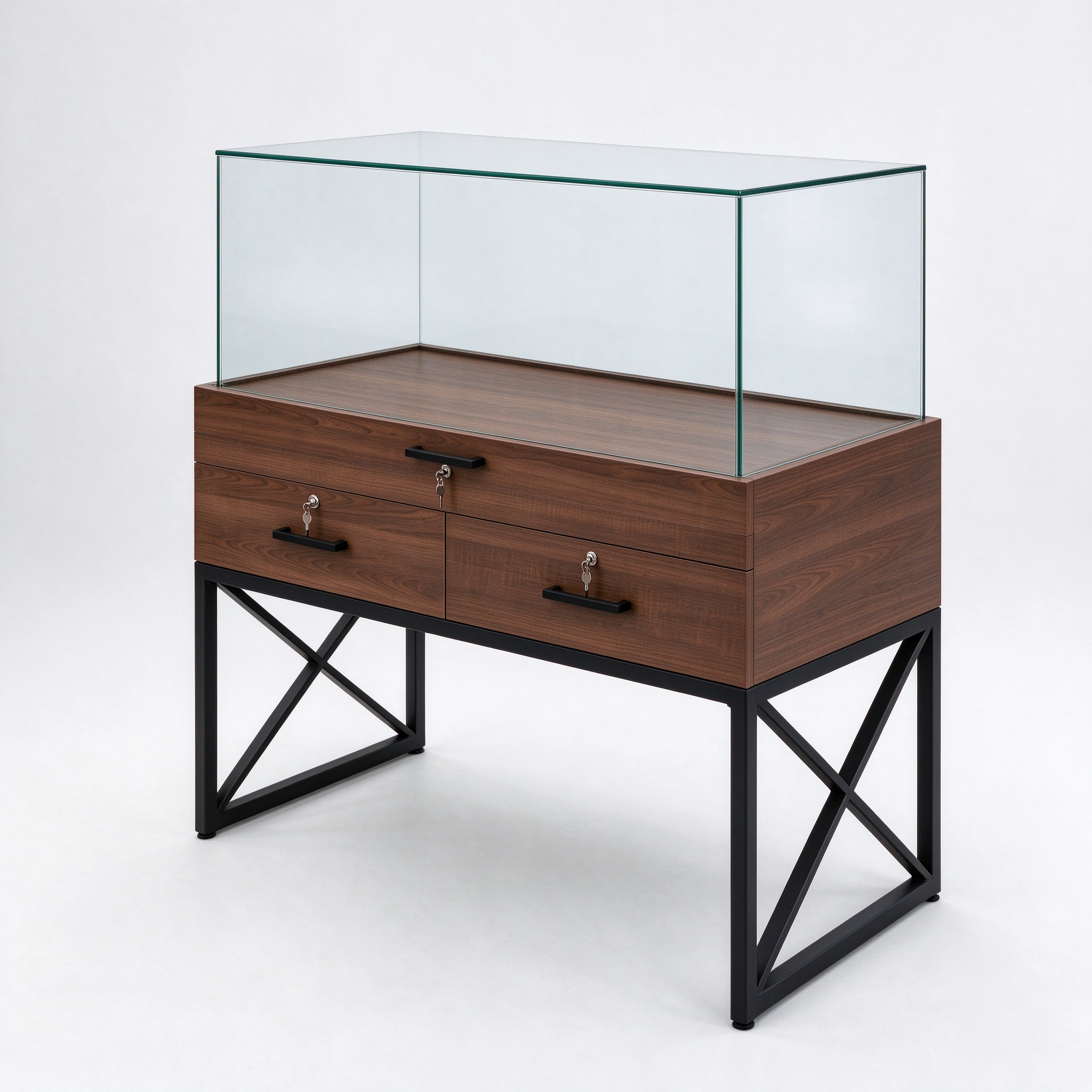 Walnut wood glass display counter right 45 degree view