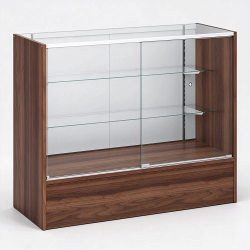 Dark walnut wood glass display counter left 45 degree view