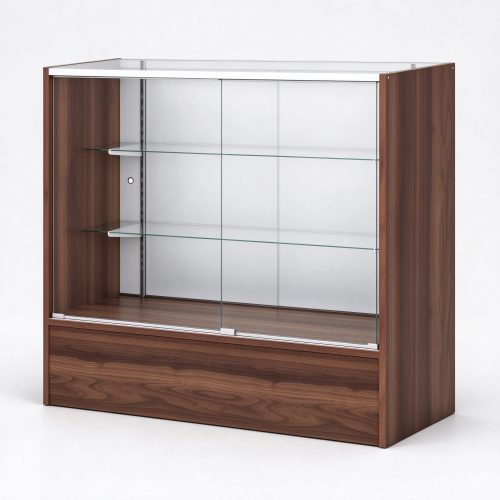 Dark walnut wood glass display counter right 45 degree view