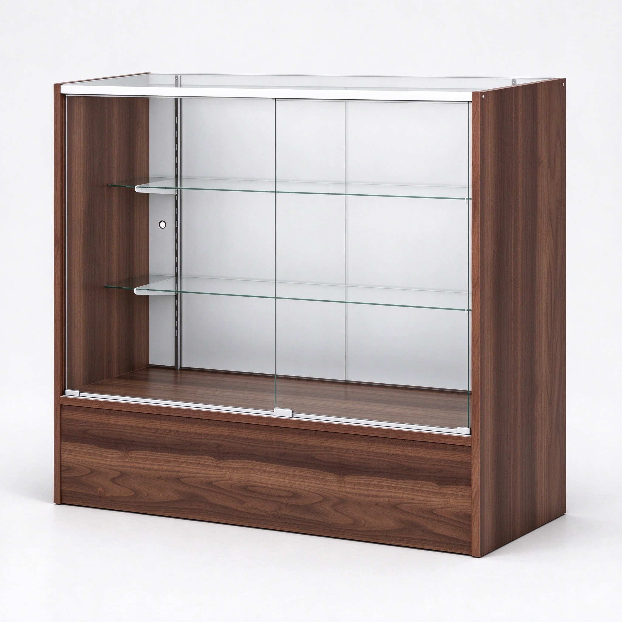 Dark walnut wood glass display counter right 45 degree view
