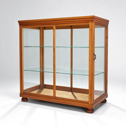 Vintage wooden frame glass display case left 45 degree view