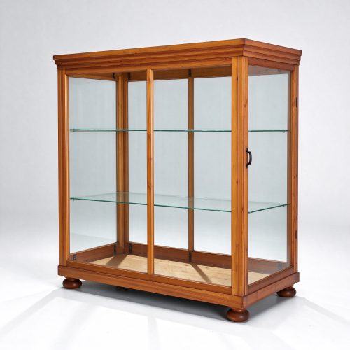 Vintage wooden frame glass display case right 45 degree view