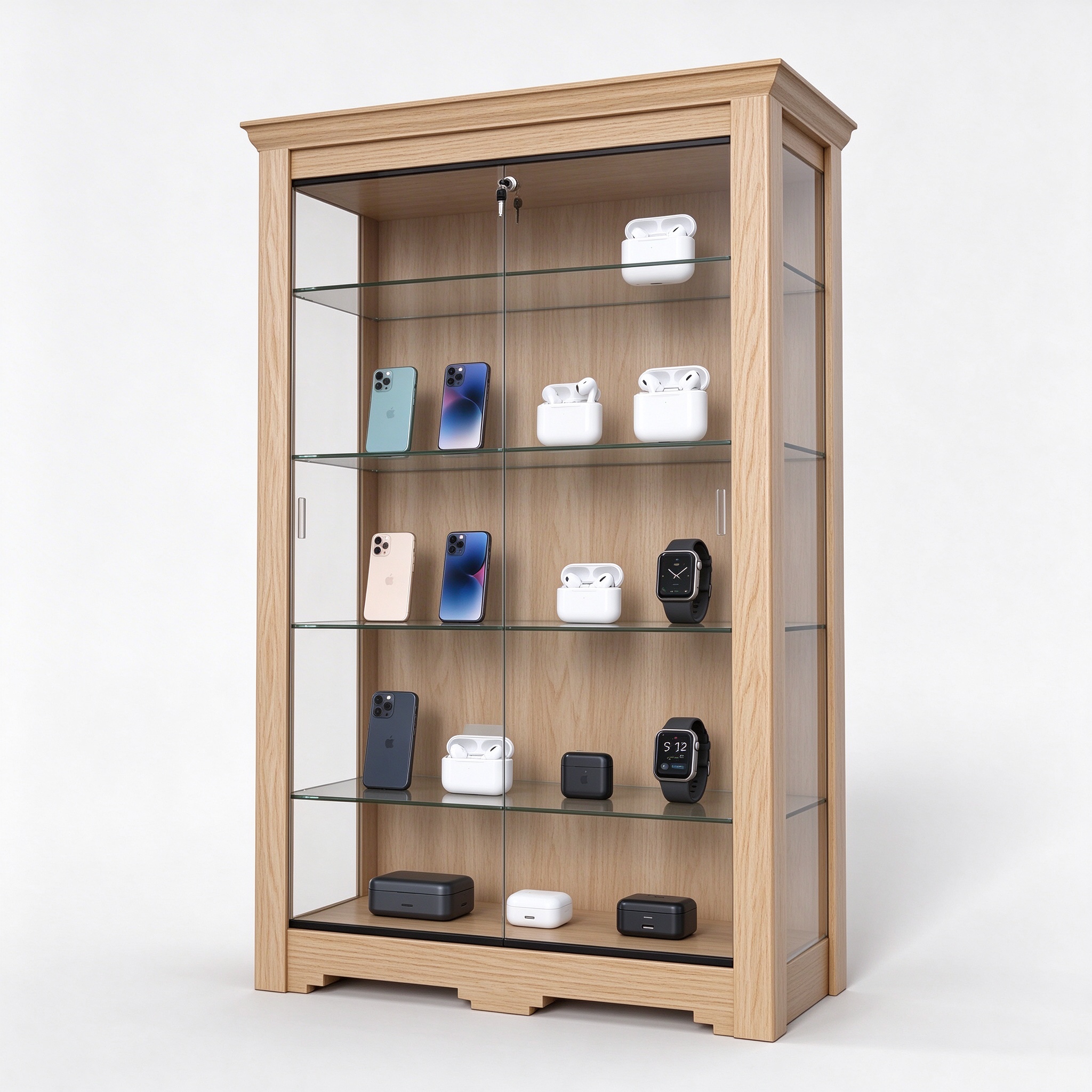 Ash wood glass display cabinet left 45 degree view
