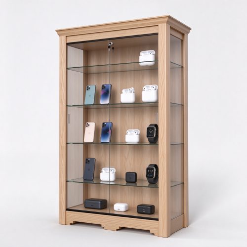 Ash wood glass display cabinet right 45 degree view