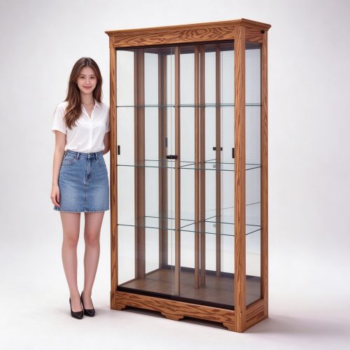 2 meter tall oak wood glass display cabinet left 45 degree view with model