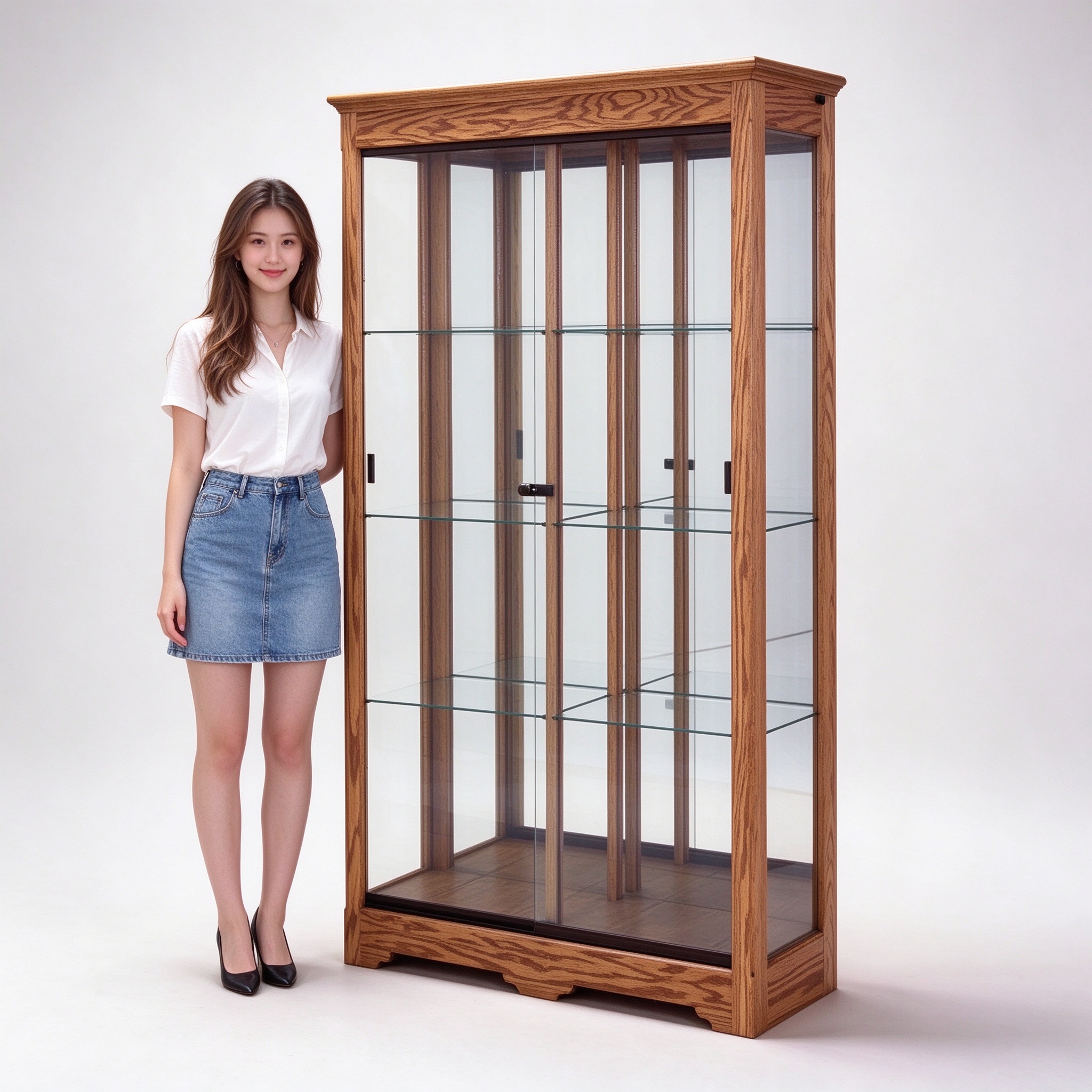 2 meter tall oak wood glass display cabinet left 45 degree view with model