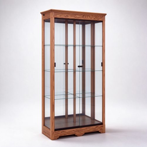 2 meter tall oak wood glass display cabinet right 45 degree view