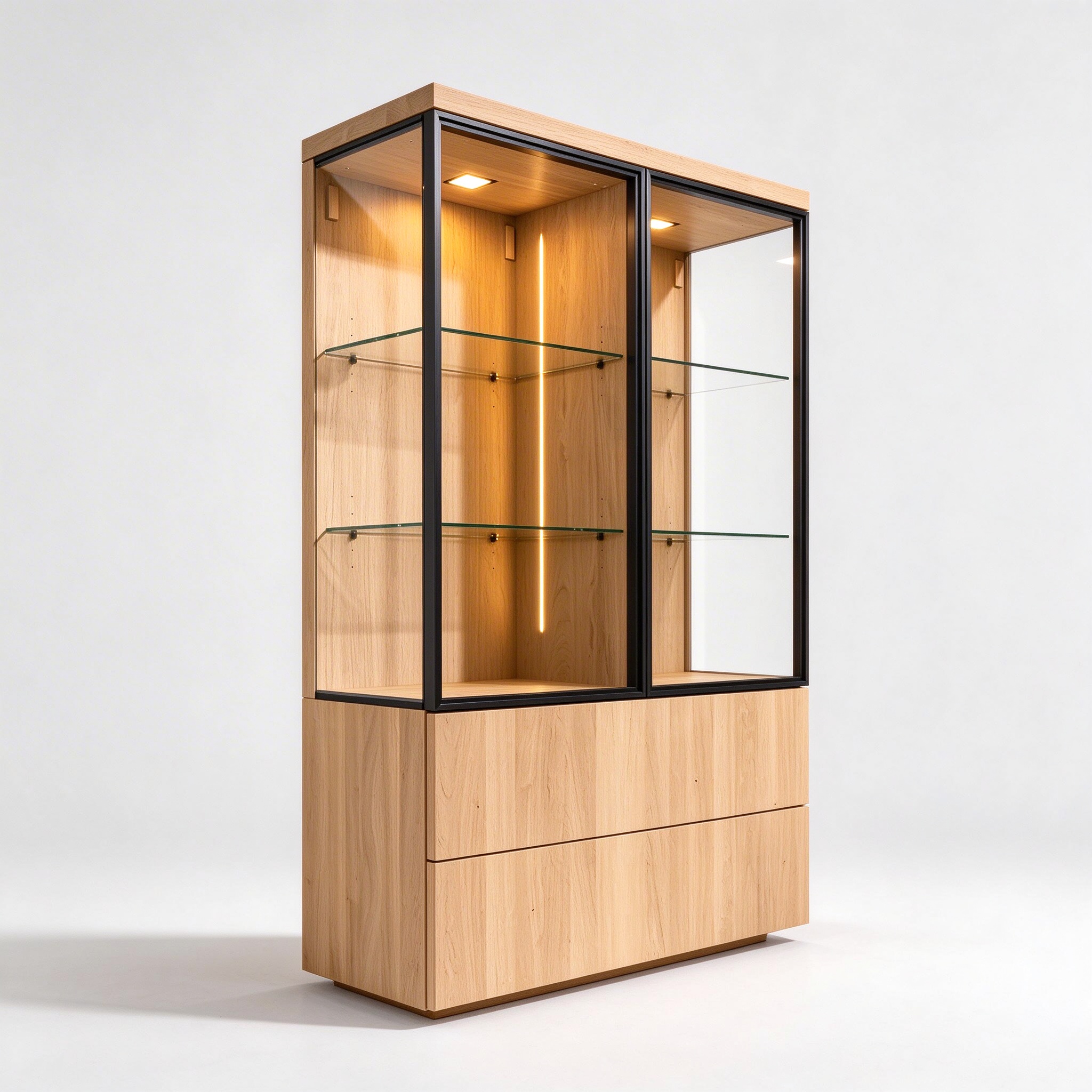 Modern oak wood glass display cabinet left 45 degree view