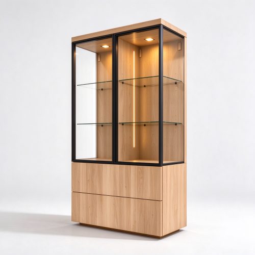 Modern oak wood glass display cabinet right 45 degree view