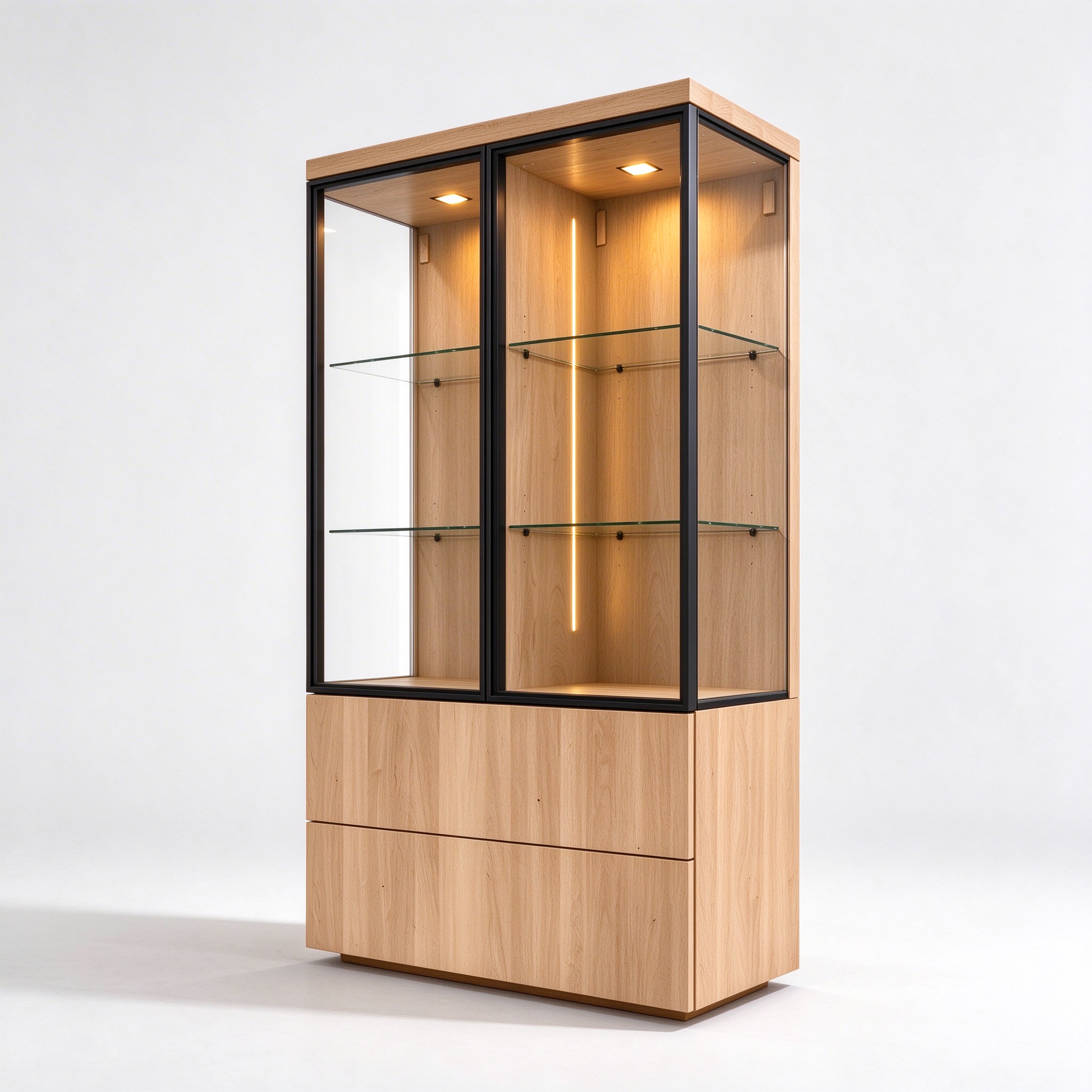 Modern oak wood glass display cabinet right 45 degree view
