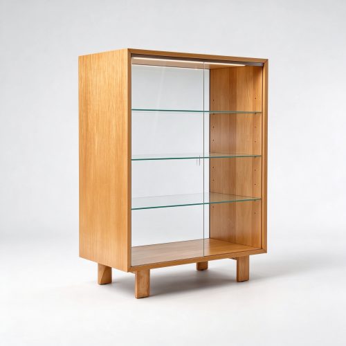 Wood glass display showcase left 45 degree view