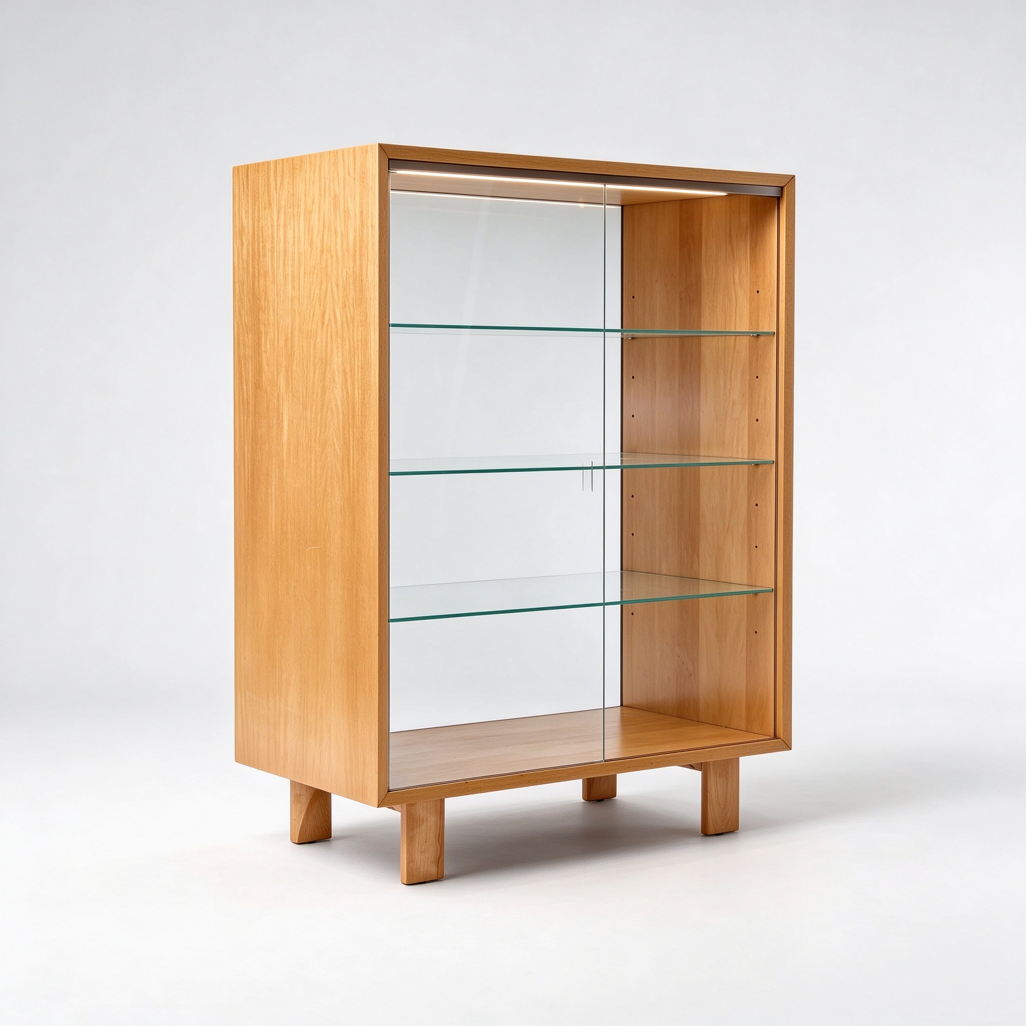 Wood glass display showcase left 45 degree view