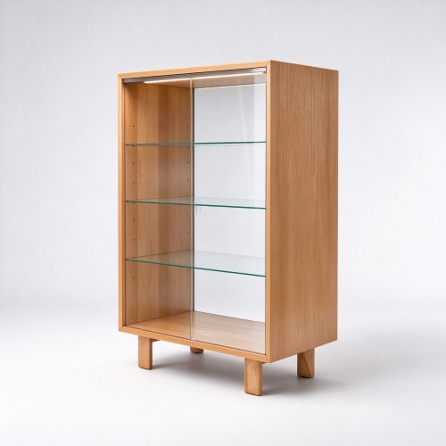 Wood glass display showcase right 45 degree view