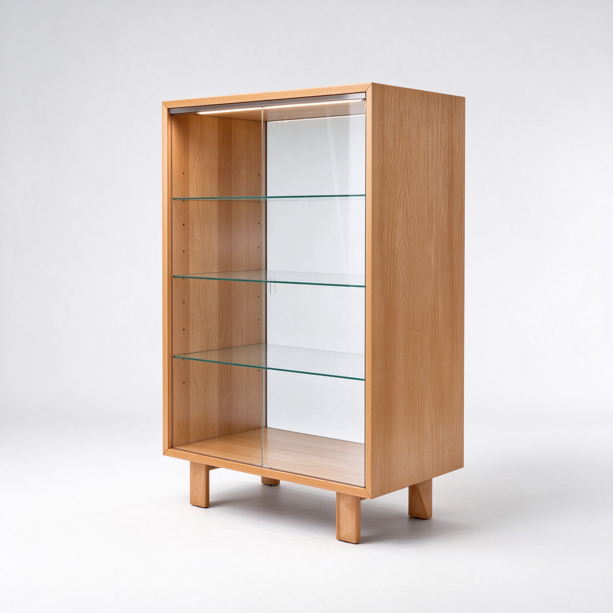 Wood glass display showcase right 45 degree view