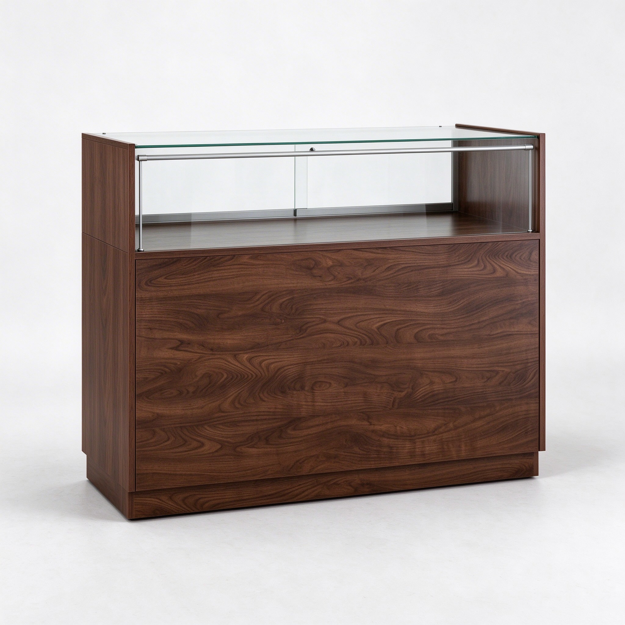 48 inch dark walnut wood glass display counter left 45 degree view