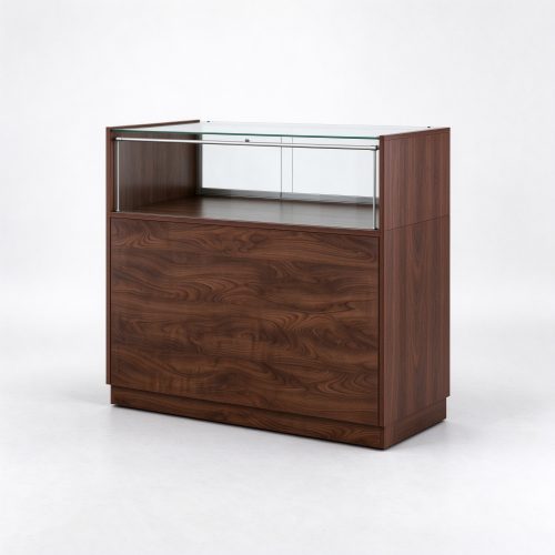 48 inch dark walnut wood glass display counter right 45 degree view
