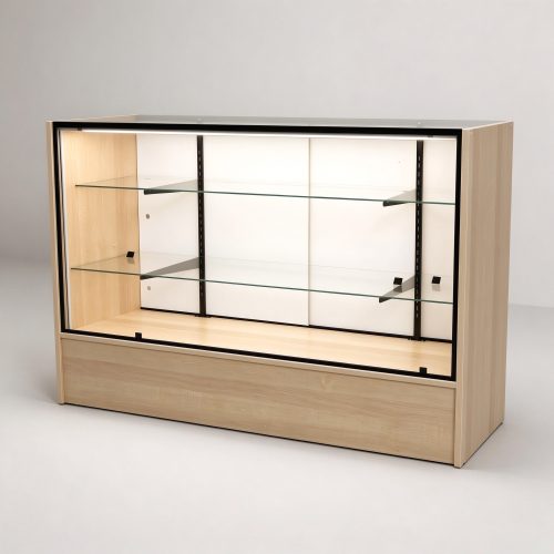 Maple wood glass display counter showcase left 45 degree view