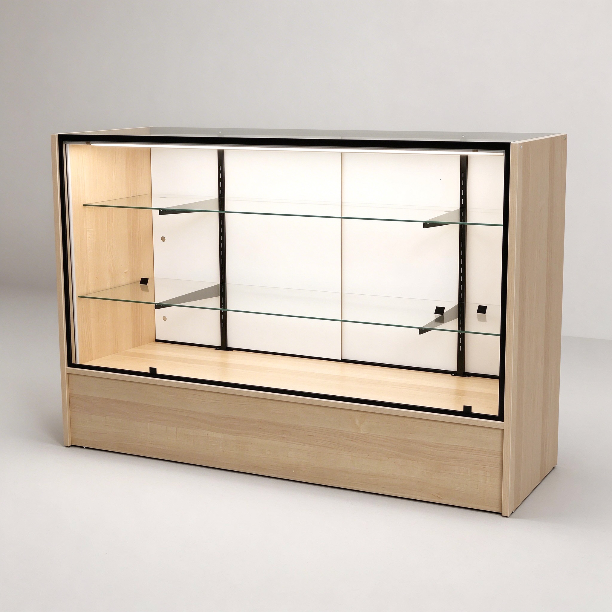 Maple wood glass display counter showcase left 45 degree view