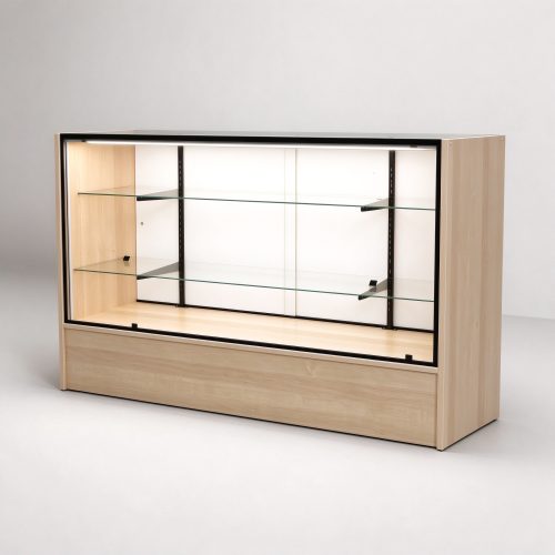 Maple wood glass display counter showcase right 45 degree view