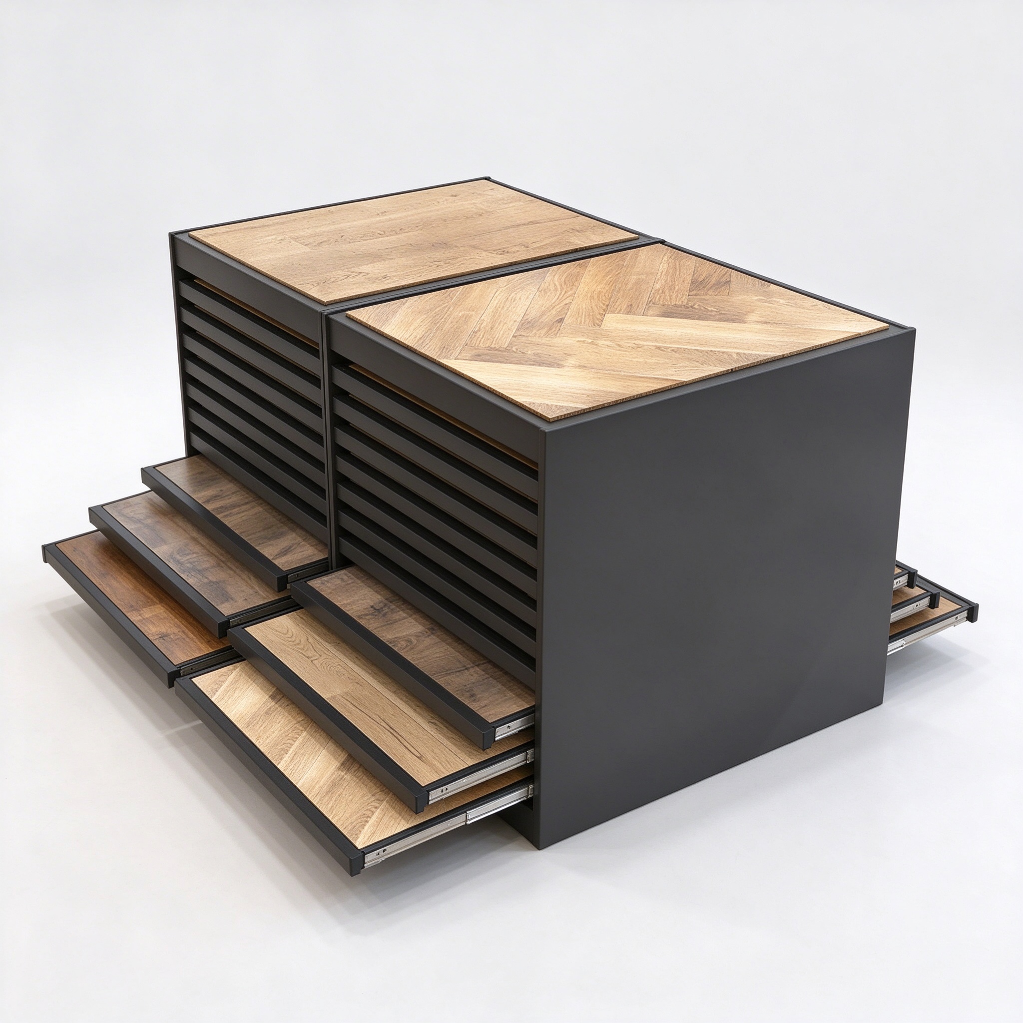 Wood flooring sample display rack with gray metal frame and drawer shelves, left 45 degree view