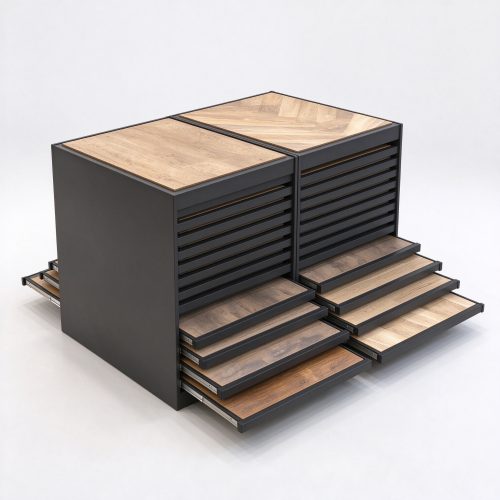 Wood flooring sample display rack with gray metal frame and drawer shelves, right 45 degree view