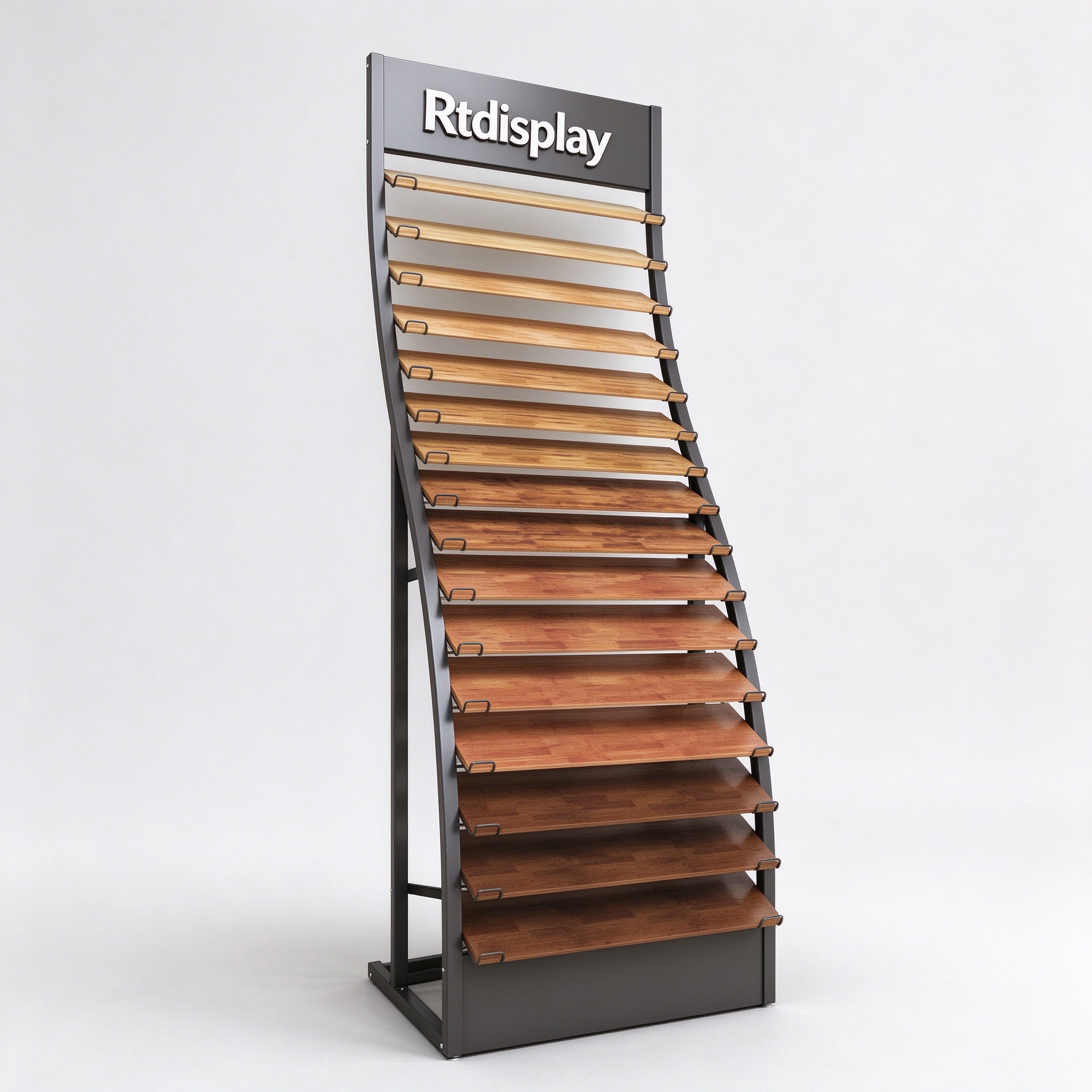 Slanted wood flooring sample display rack with dark gray metal frame, left 45 degree view