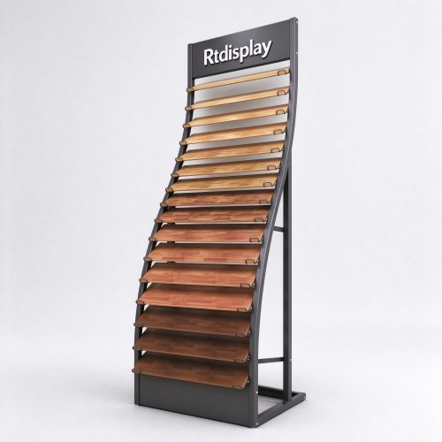 Slanted wood flooring sample display rack with dark gray metal frame, right 45 degree view