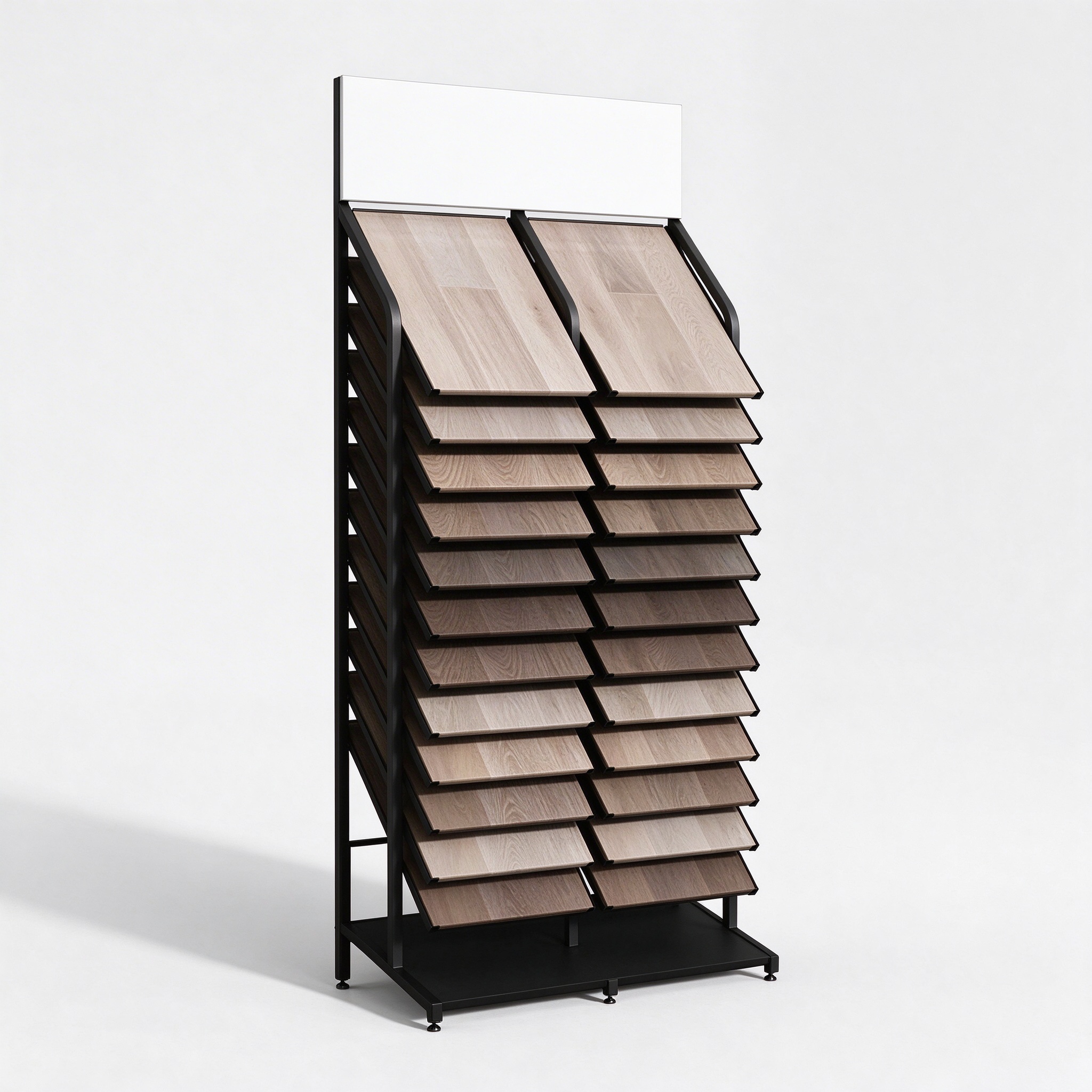 Double-sided wood flooring sample display rack with black metal frame, left 45 degree view