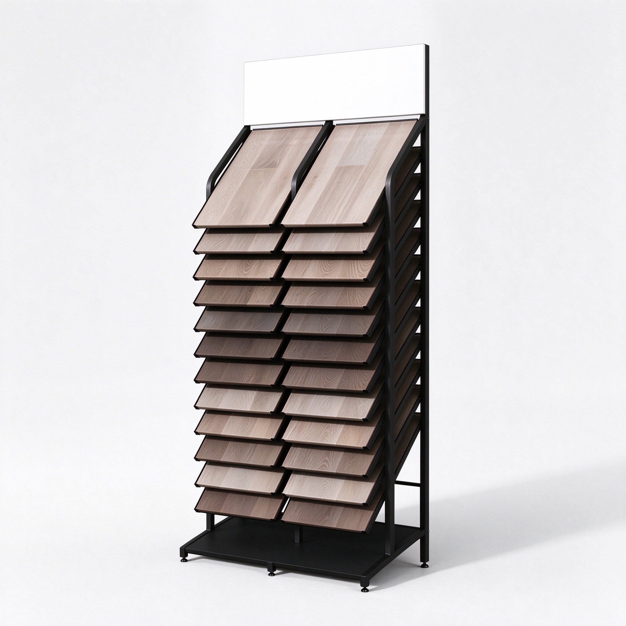 Double-sided wood flooring sample display rack with black metal frame, right 45 degree view