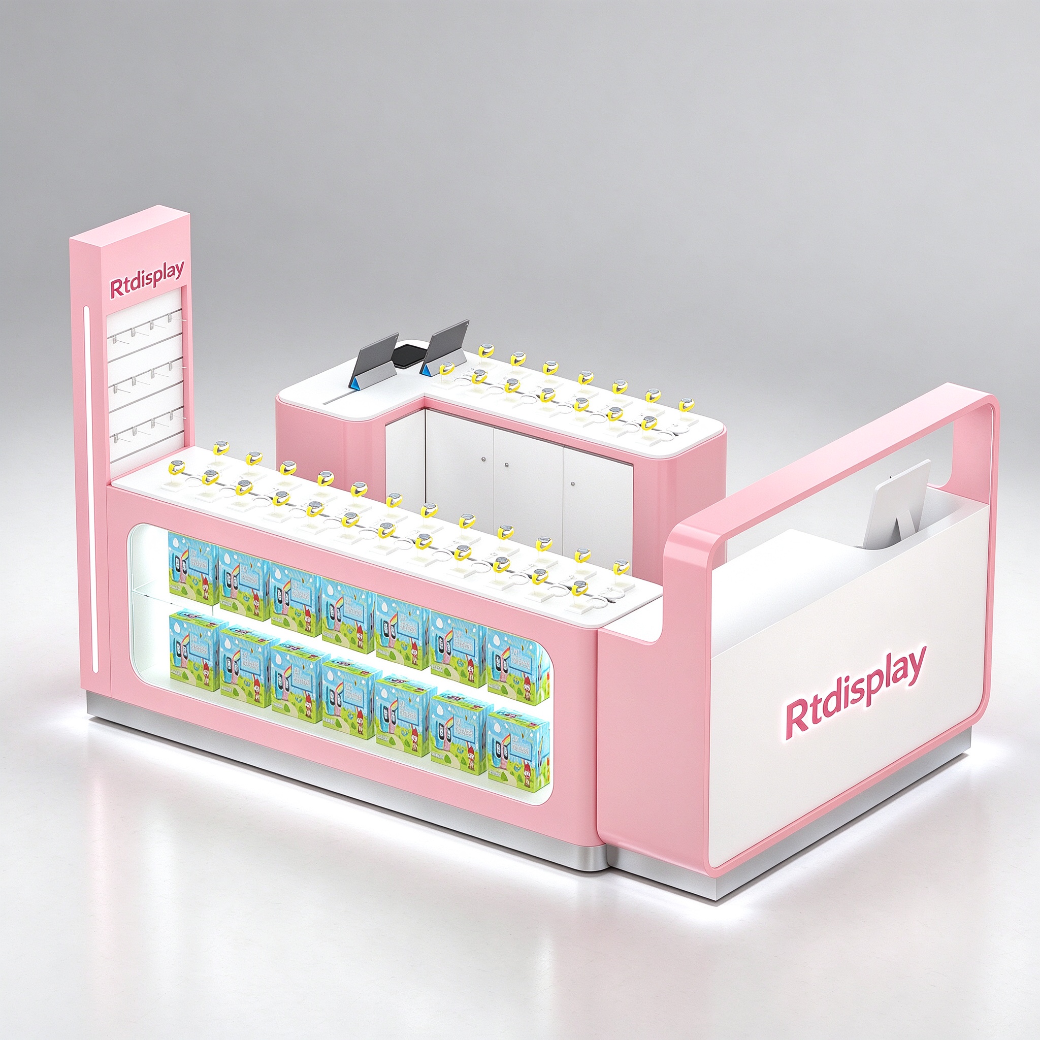 Pink children watch kiosk