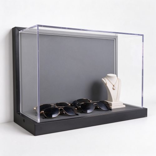 Black wall mounted display case left 45 degree view with sunglasses and jewelry