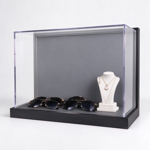 Black wall mounted display case right 45 degree view