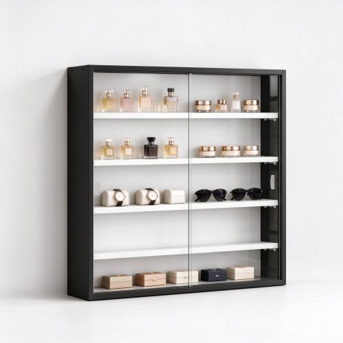 Black wall mounted glass display cabinet left 45 degree view with shelves