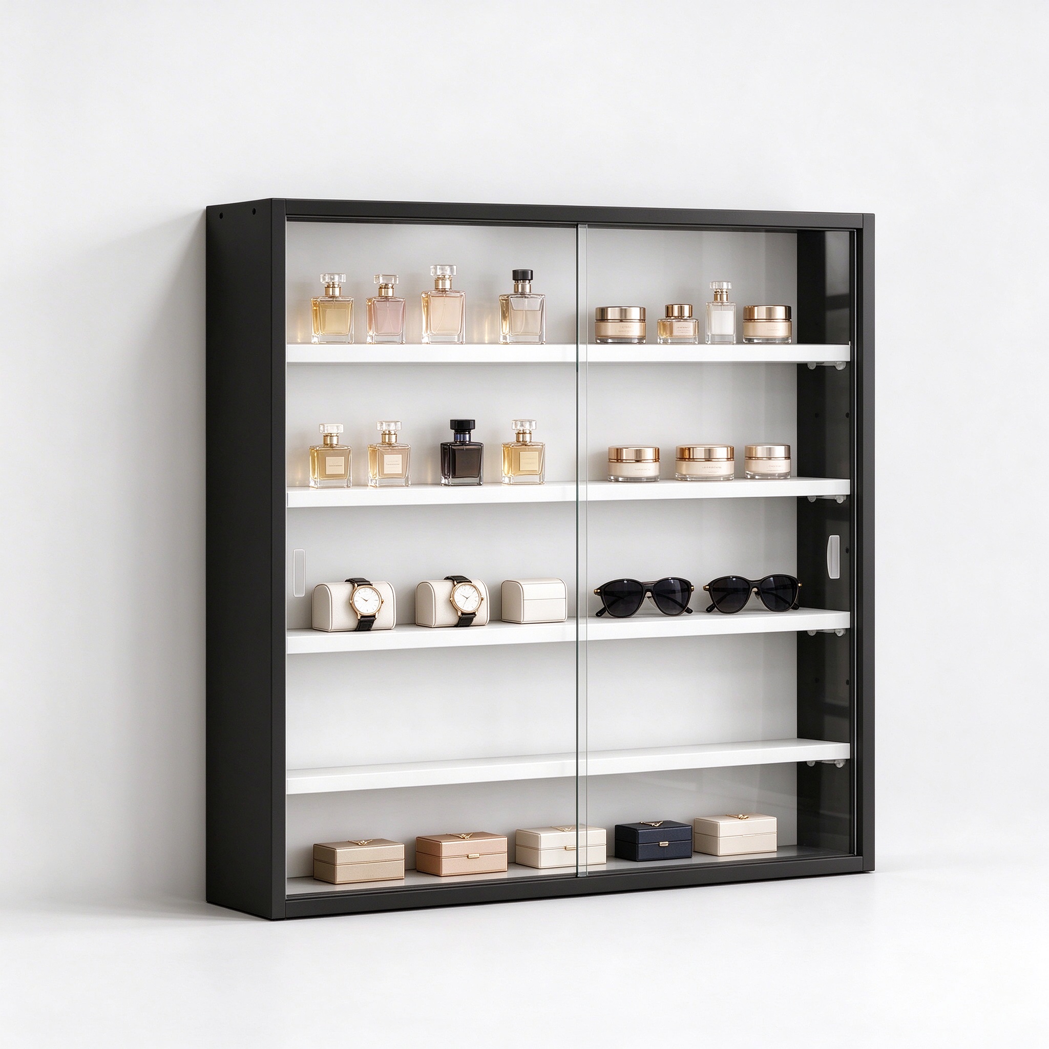 Black wall mounted glass display cabinet left 45 degree view with shelves