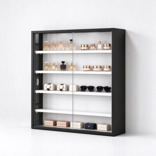 Black wall mounted glass display cabinet right 45 degree view