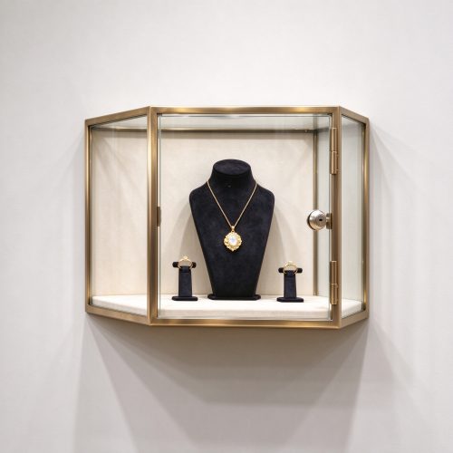 Brushed brass wall mounted jewelry display case left 45 degree view mounted on wall