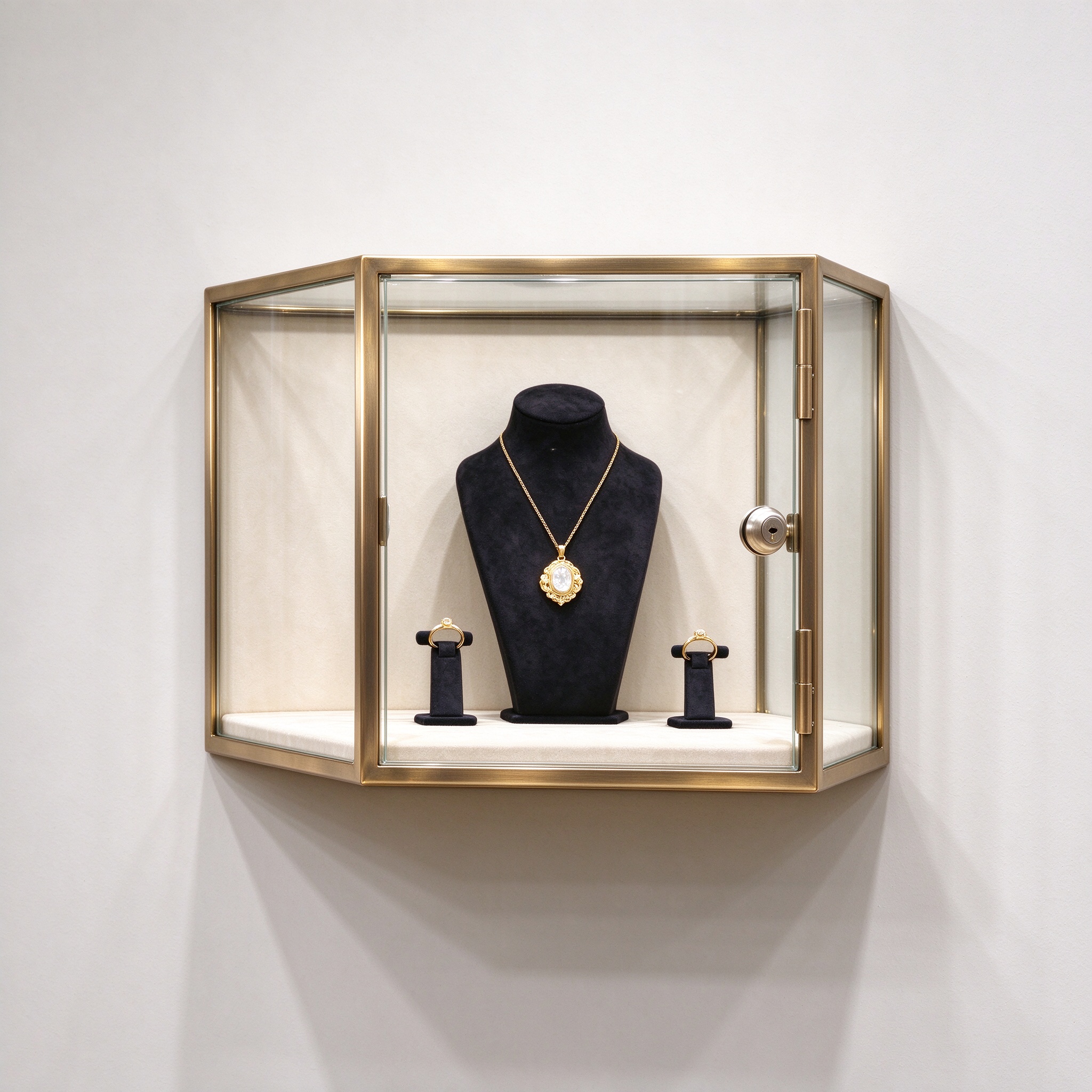 Brushed brass wall mounted jewelry display case left 45 degree view mounted on wall