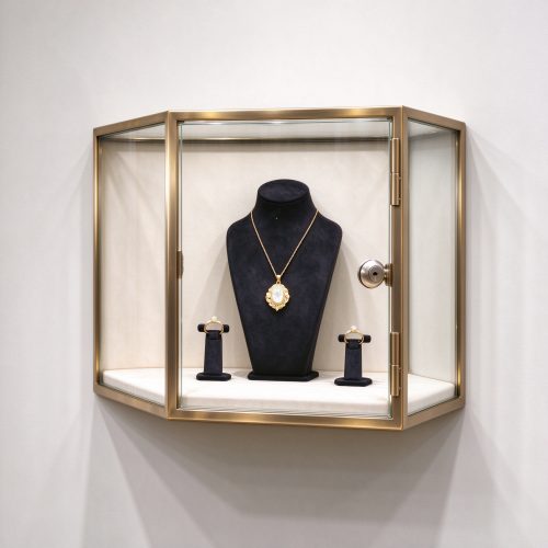 Brushed brass wall mounted jewelry display case right 45 degree view