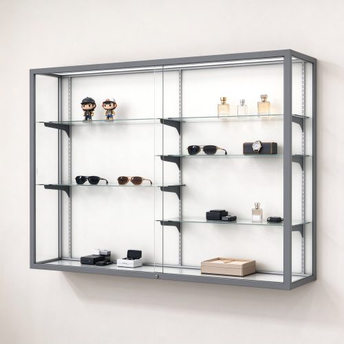 Gray metal frame wall mounted display cabinet left 45 degree view mounted on wall