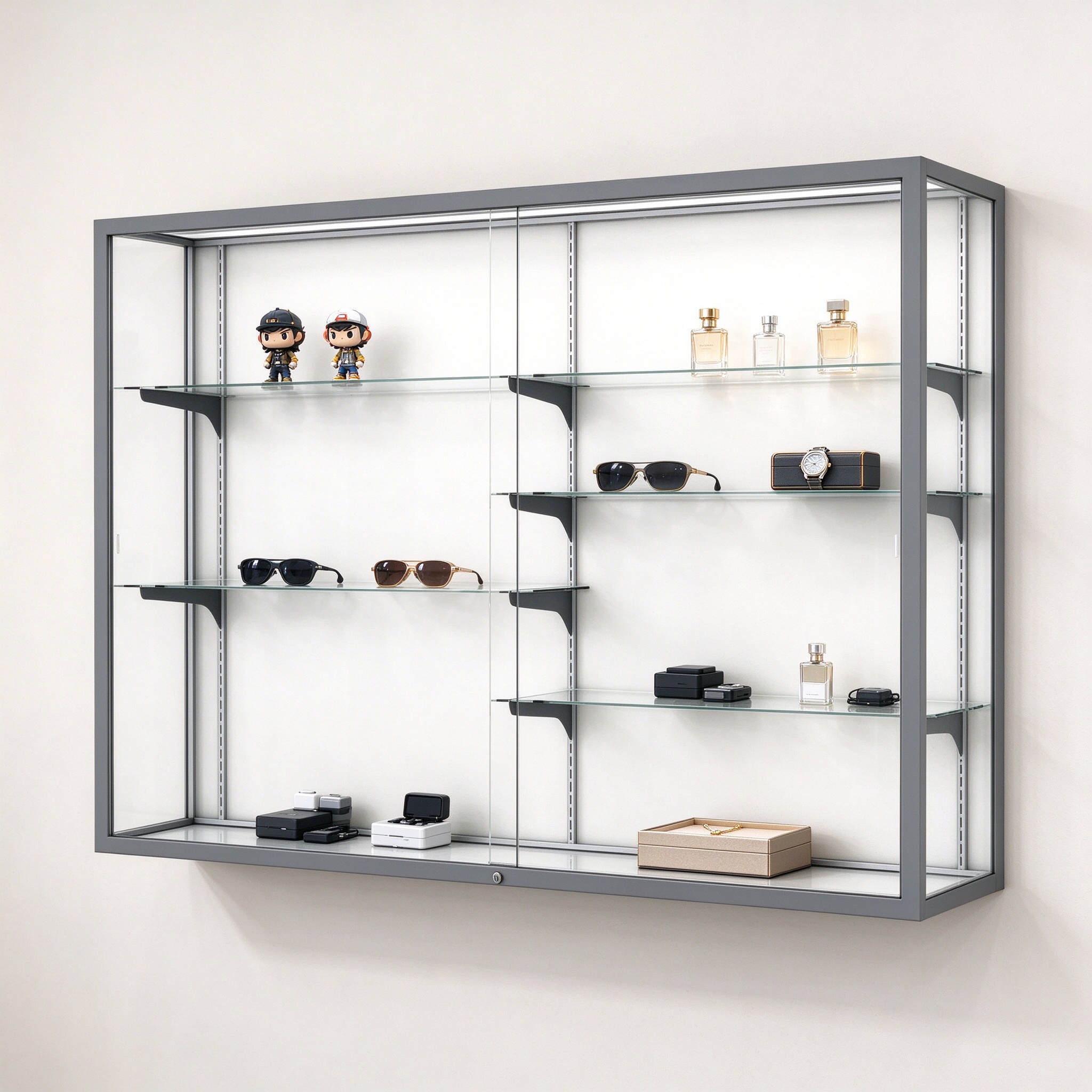 Gray metal frame wall mounted display cabinet left 45 degree view mounted on wall