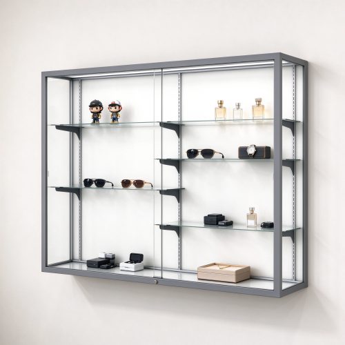 Gray metal frame wall mounted display cabinet right 45 degree view