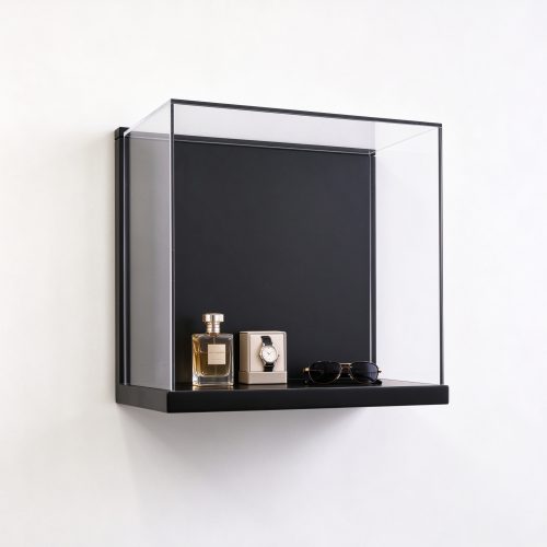 Black acrylic wall mounted display box left 45 degree view mounted on wall