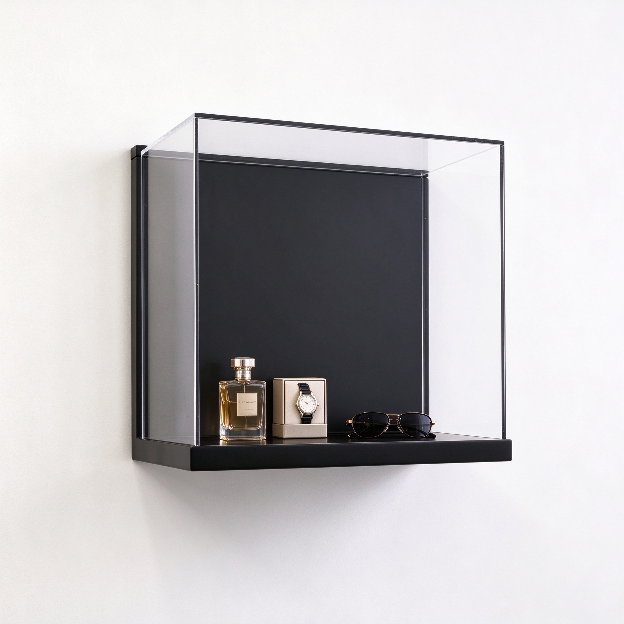 Black acrylic wall mounted display box left 45 degree view mounted on wall