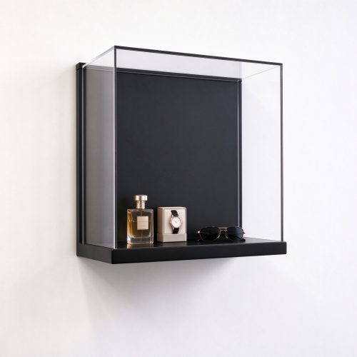 Black acrylic wall mounted display box right 45 degree view