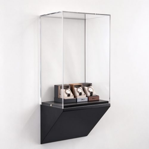 Tall clear acrylic wall mounted display column left 45 degree view with watches